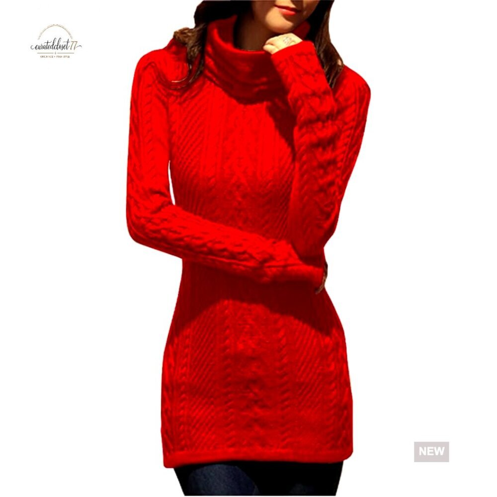 Long Slim Turtleneck Cable Knit Sweater Dress Stretch Material Pullover